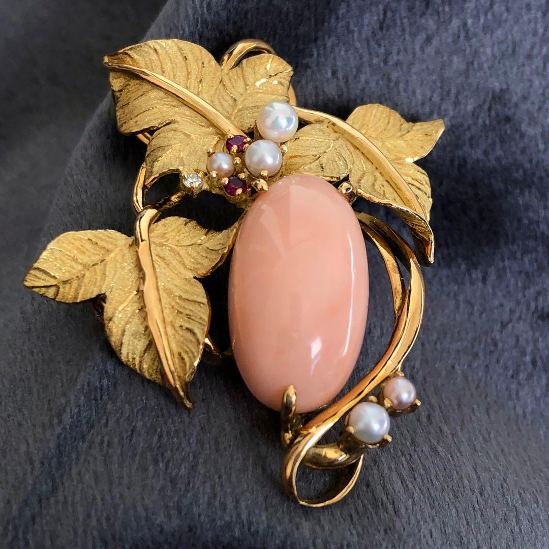 綺麗！★ 金無垢 K18 15.3g 珊瑚 パール ダイヤ ルビー ブローチ