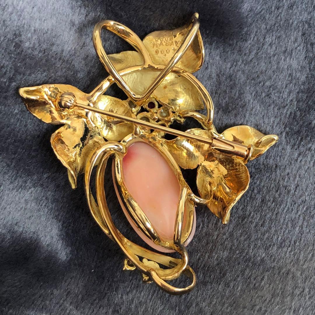 綺麗！★ 金無垢 K18 15.3g 珊瑚 パール ダイヤ ルビー ブローチ