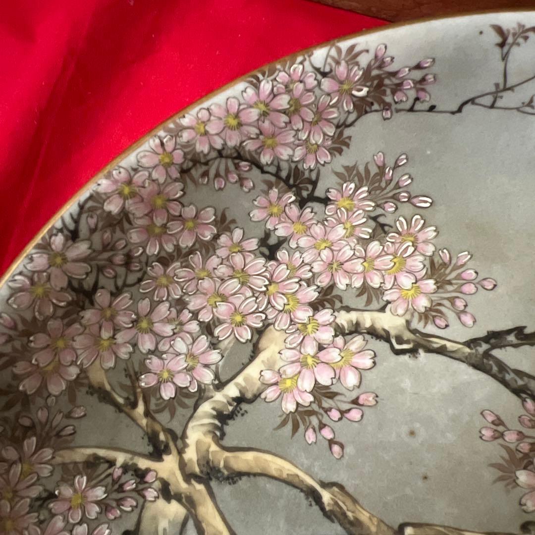 古美術　桜の木　扇面絵　極細絵　九谷谷口製　在銘