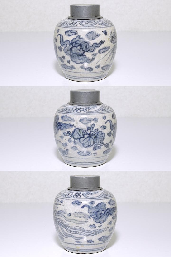 湖東焼 安南呉須 錫口茶入 [鳳凰・桐・雲気文]