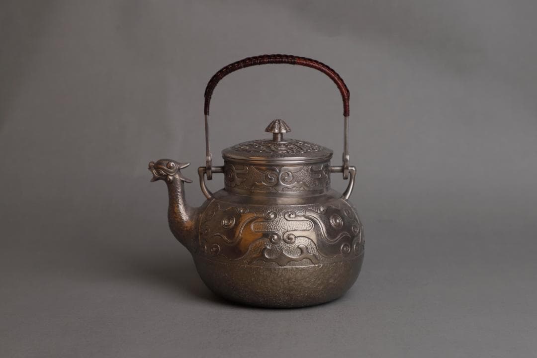 純銀製 饕餮文 獣口湯沸 銀瓶 煎茶道具 重さ902g