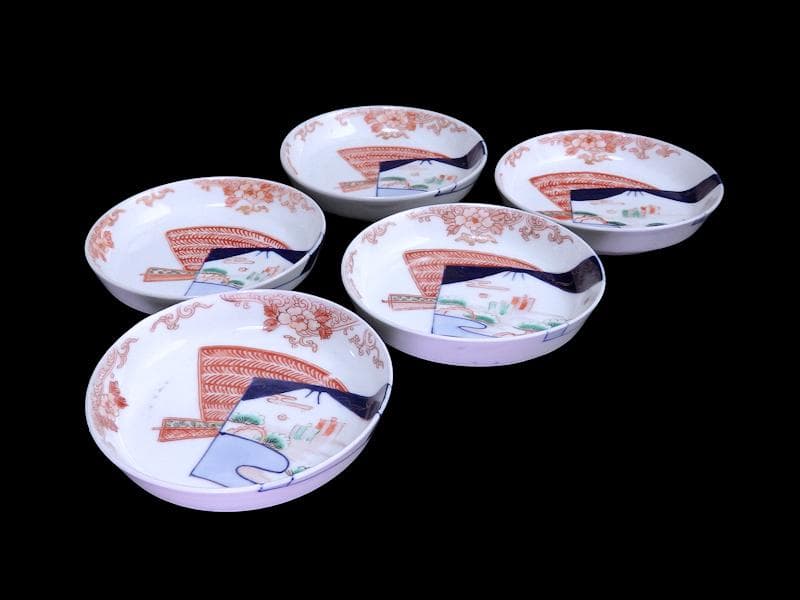 古伊万里 色絵 羊歯文様に松原帆掛け船 富士の図 5枚 B992AS-DAi 美術