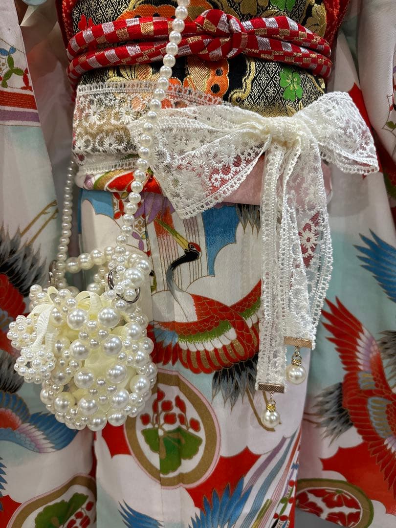 正絹　七五三 赤と白の鶴模様 着物　レトロ　フルセット