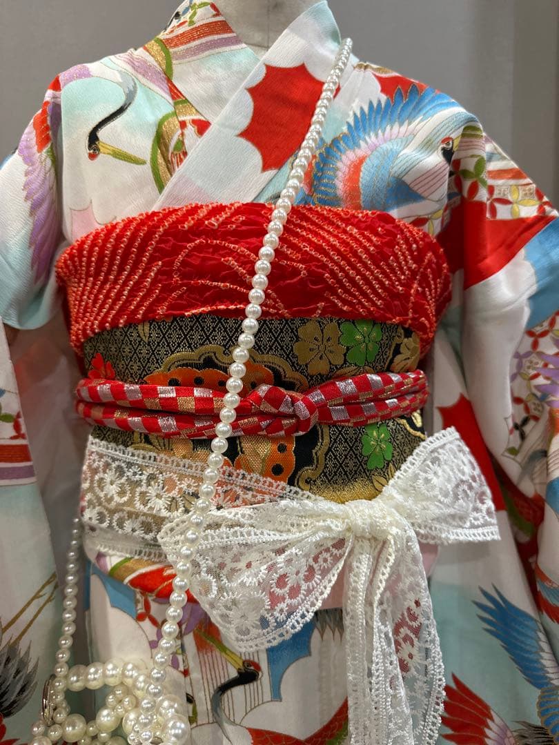 正絹　七五三 赤と白の鶴模様 着物　レトロ　フルセット