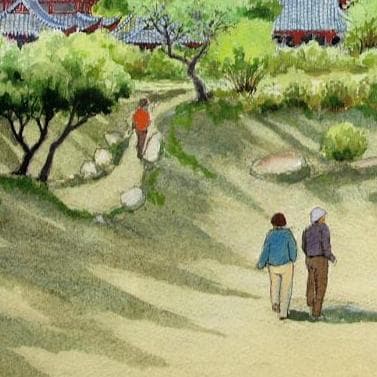 絵画「シルクロード～ 月牙泉のほとりの楼閣」　水彩画