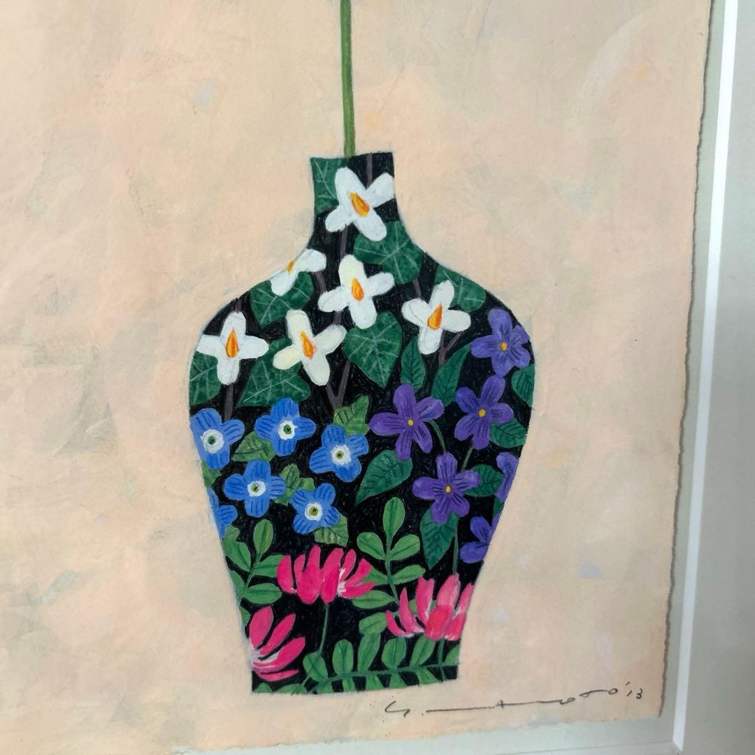 マツモトヨーコ ドローイング 絵画 「微妙な関係」 ポピーと季節の花ば