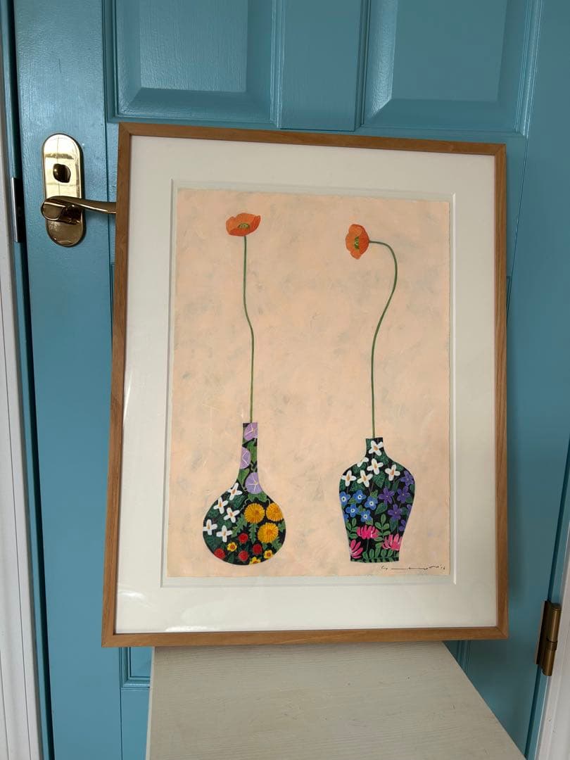 マツモトヨーコ ドローイング 絵画 「微妙な関係」 ポピーと季節の花ば