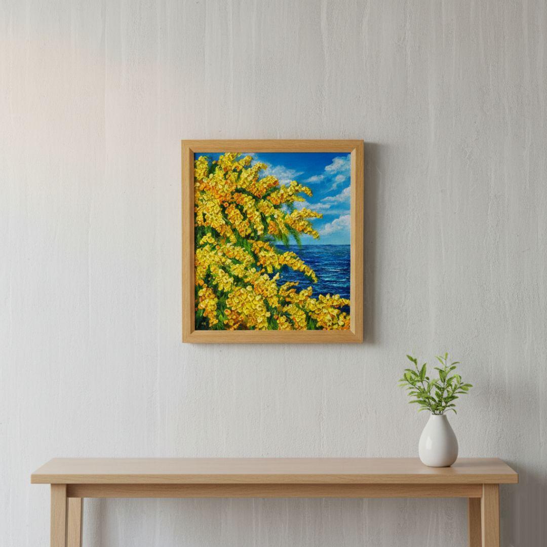 油絵 油彩 油彩画 絵 絵画 【ミモザの海】