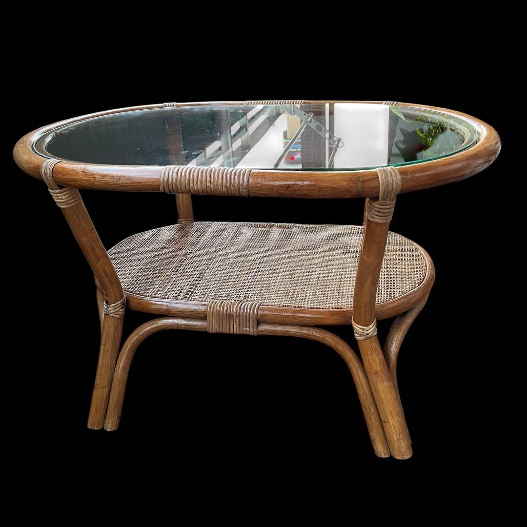 ラタン×ガラスの美曲線！天然素材ローテーブル」 ガラステーブル