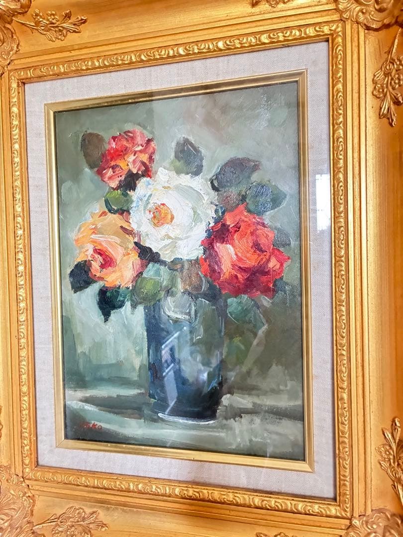 バラの油彩画 金色フレーム付きyoko 作　肉筆サインあり