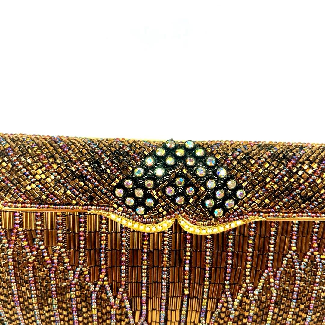 【未使用級】ルミーはしもと　ビーズバッグ　ブロンズ　ゴールドチェーン　ビジュー