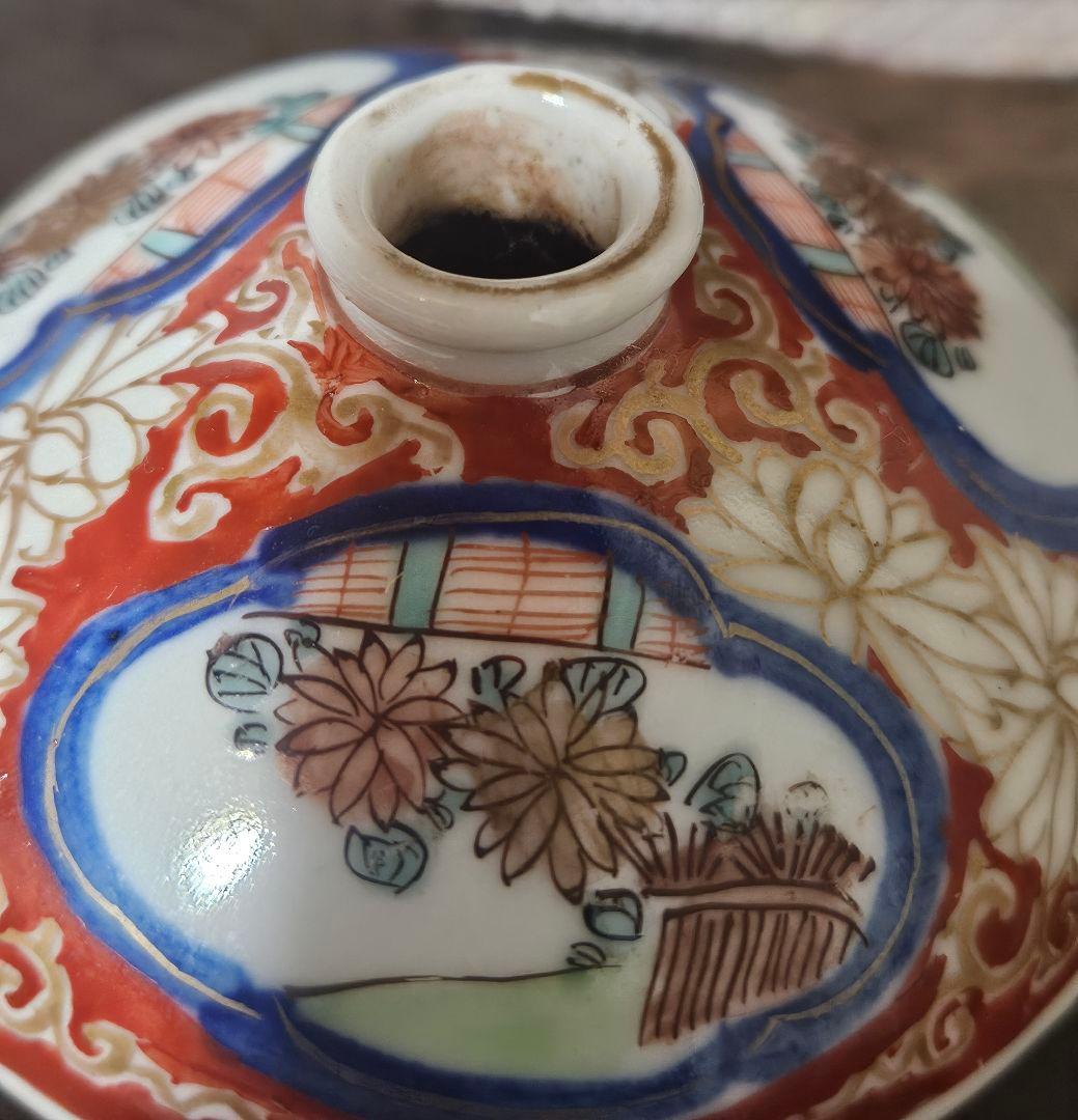 明治時代　古伊万里　染錦　菊花図　金彩　菊唐草文　油壺　花入　一輪挿　化粧道具