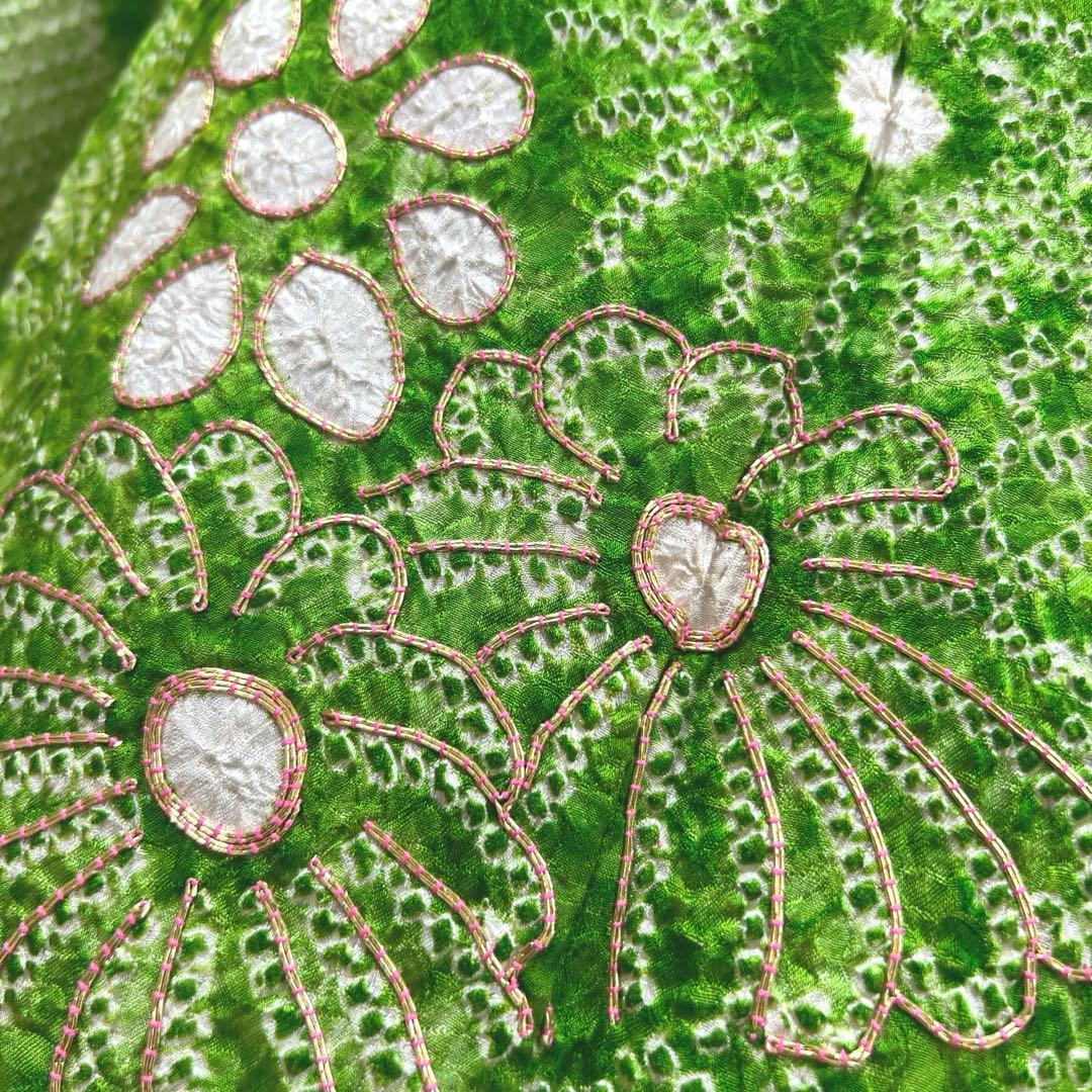 469 振袖フルセット 正絹 グリーン 緑 総絞り 駒刺繍 三越 百貨店 高級