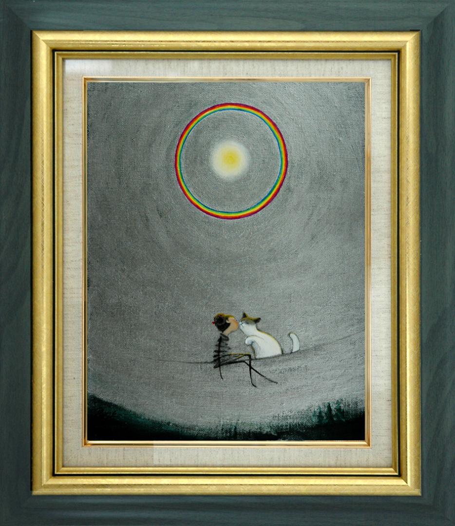 油絵 菅家令子 絵 絵画 インテリア額付(白) F3-031019 子猫と女の子