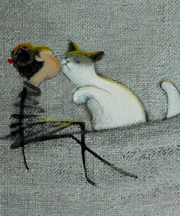 油絵 菅家令子 絵 絵画 インテリア額付(白) F3-031019 子猫と女の子