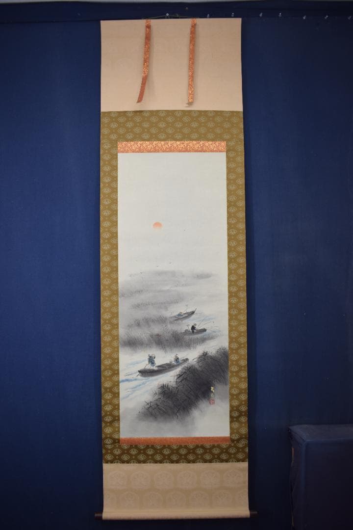 真作】長谷川石根/漁舟釣人図/フナ図/掛軸☆宝船☆Z-88