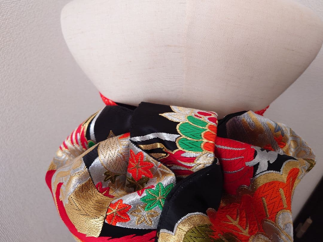 七五三　ハーフ成人式　ジュニア帯　大人用袋帯からの作り帯　鶴柄　1点物　黒