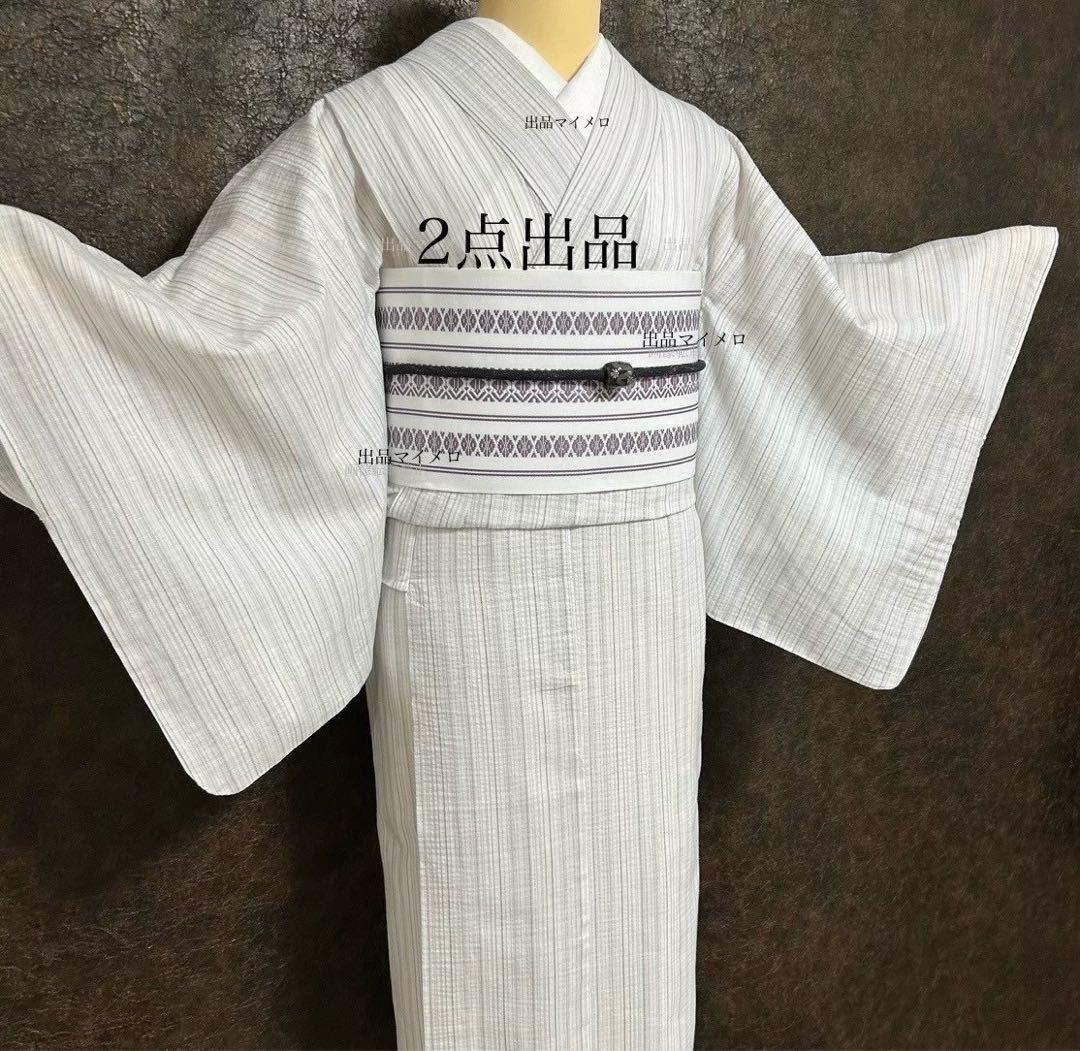 古典しじら織　浴衣　綿　粋な夏着物　縞柄　献上帯 半幅帯白　2点　0820⑨