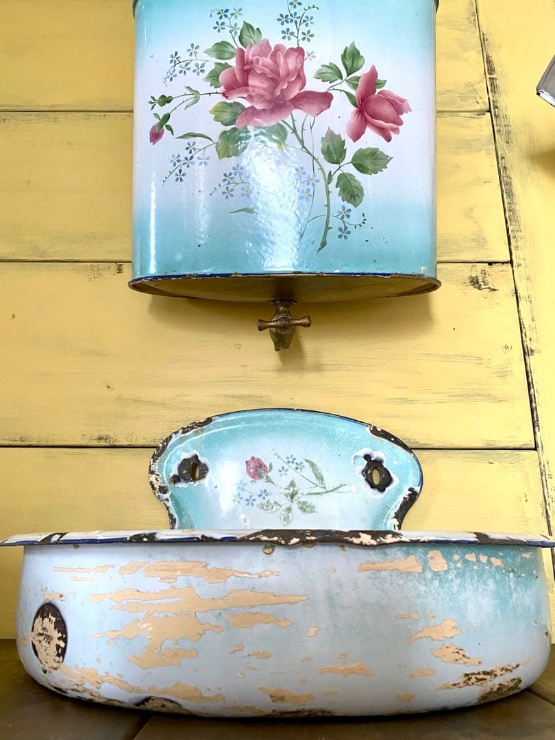 希少 フランス アンティーク ホーロー ファウンテン 花柄