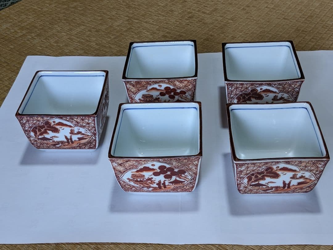 ♢有田焼 胡窯 赤絵 楼閣山水図 四方鉢 向付 九谷焼 茶道具 工芸品