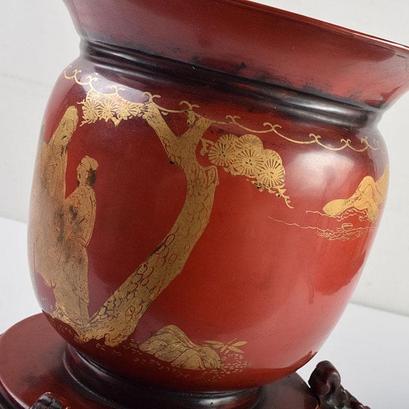 江戸時代　寛政期　朱塗　金蒔絵山水人物文　薄端　時代箱　V　R9446H