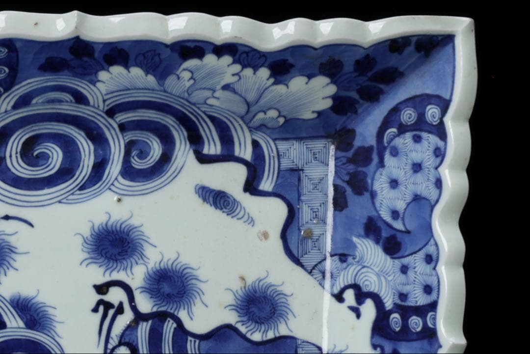 古伊万里 染付 唐獅子 大皿 角皿 飾皿 骨董品 古美術品 和