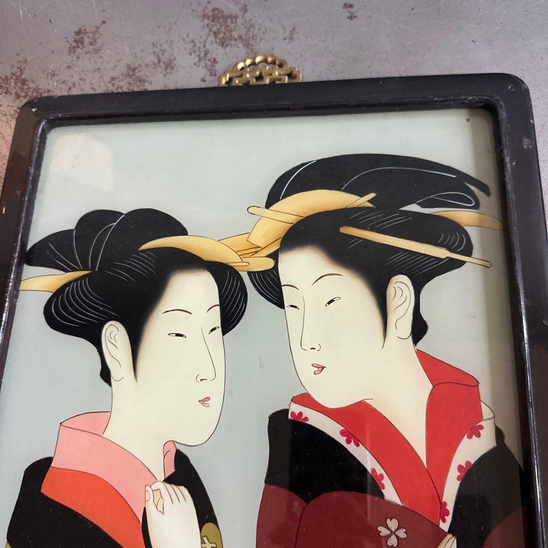 ヴィンテージ　ガラス絵浮世絵 女性の肖像画 木製フレーム付き素敵すぎる‼️