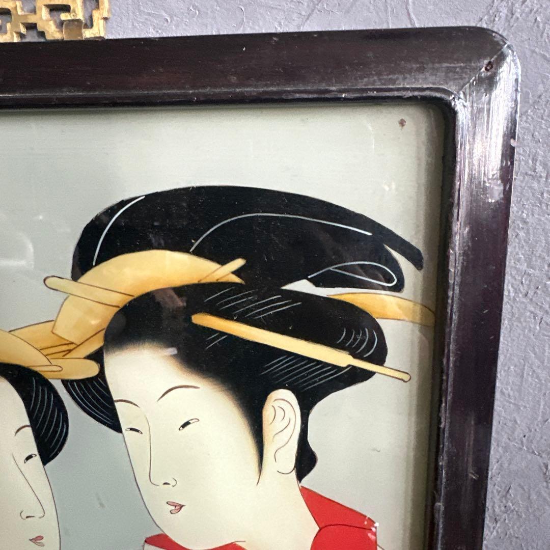 ヴィンテージ　ガラス絵浮世絵 女性の肖像画 木製フレーム付き素敵すぎる‼️
