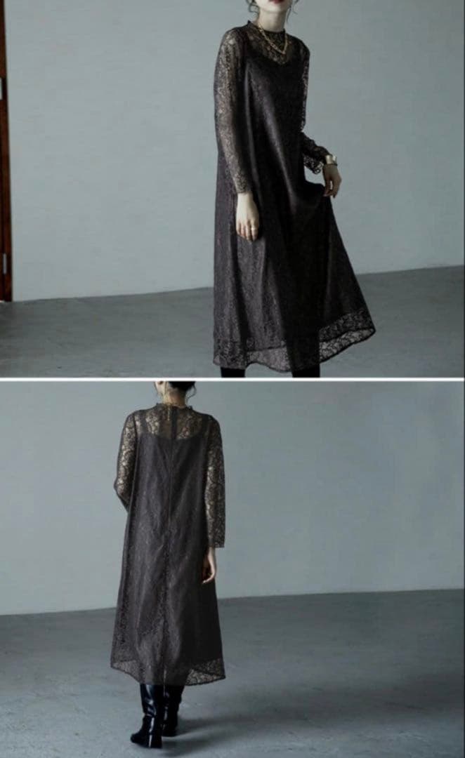 【etoll.】ロングジレレイヤードレースワンピース チャコール お呼ばれドレス