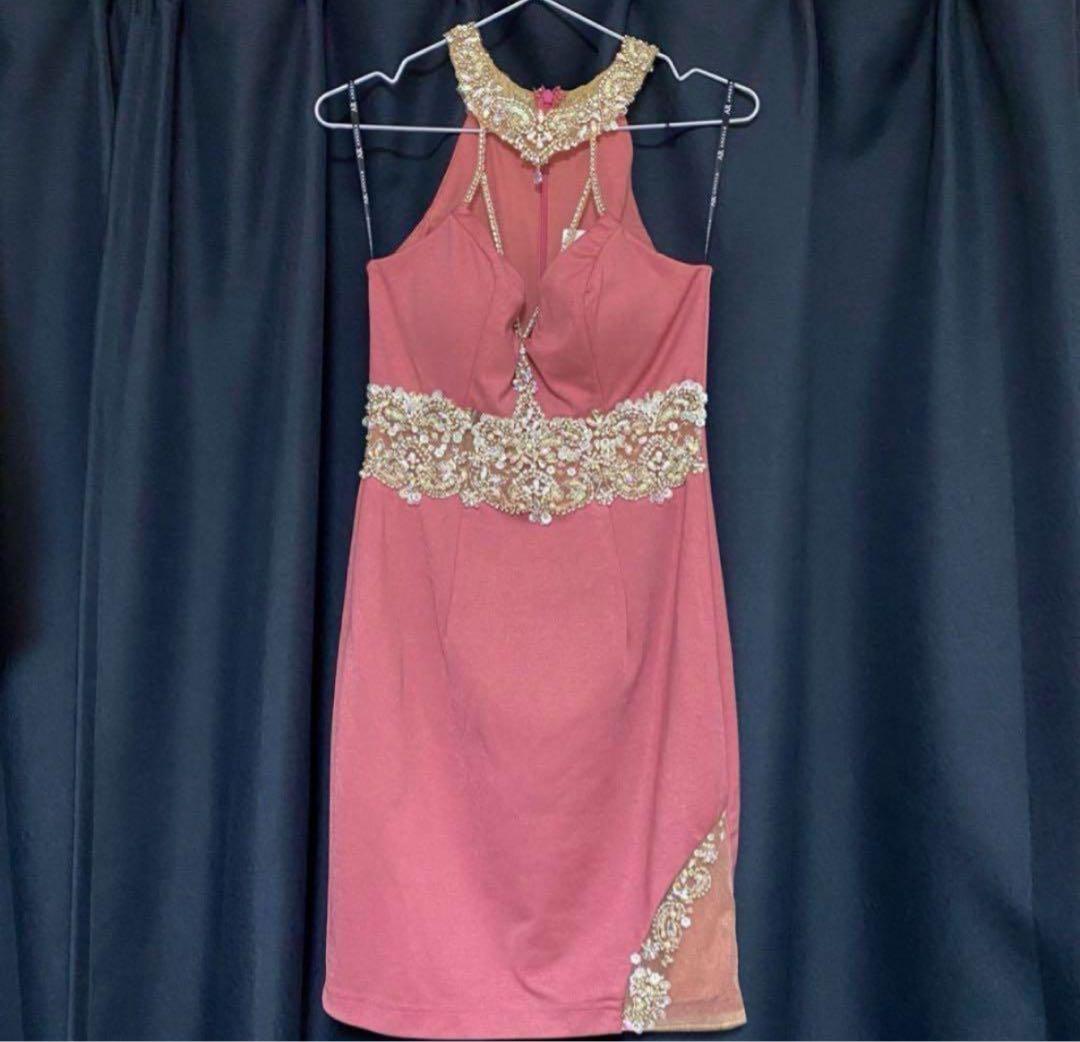 ANGELR ピンク ビーズ装飾 ハイネックドレス