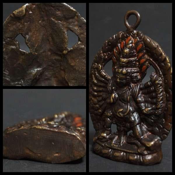 オールドチベット仏教 銅製ドルジェマハカラカラチャクラ仏像 赤漆塗り