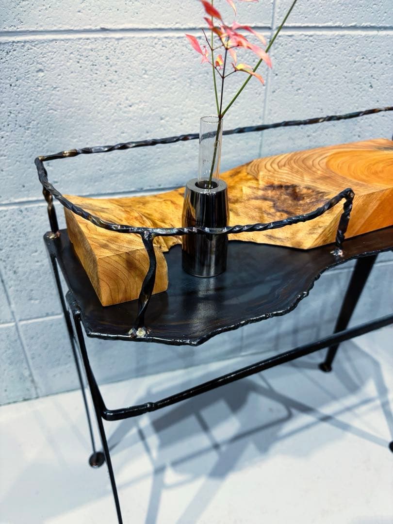 欅材サイドテーブル 鉄家具 アイアンシェルフ コーヒーテーブル 観葉