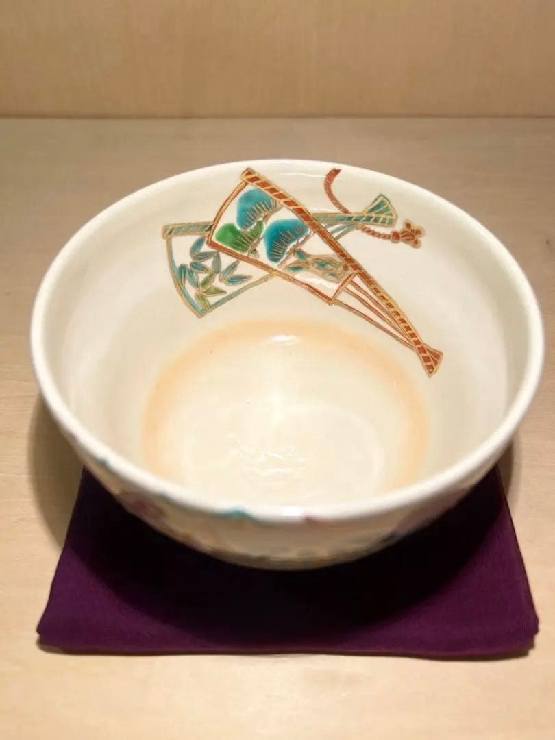 京焼 色絵 扇面 吉祥四季草花紋 四季草花 抹茶茶碗 - メルカリ