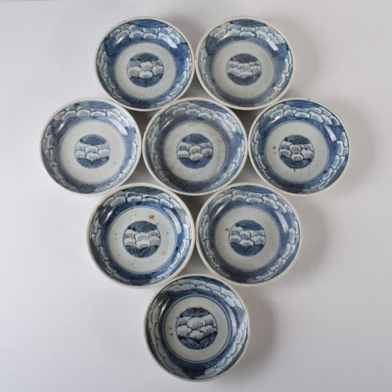 和食器　伊万里焼　古伊万里　染付　花草文　皿　八客　時代箱付　C　7626