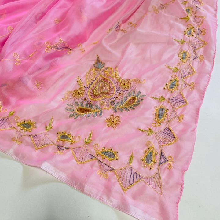 インド サリー 豪華な刺繍 ピンク シフォン 民族衣装
