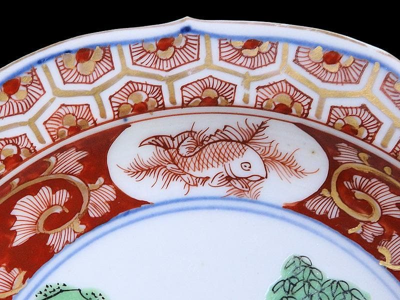 大聖寺伊万里 亀甲紋に金唐草 山水紋の図 5寸皿 5枚