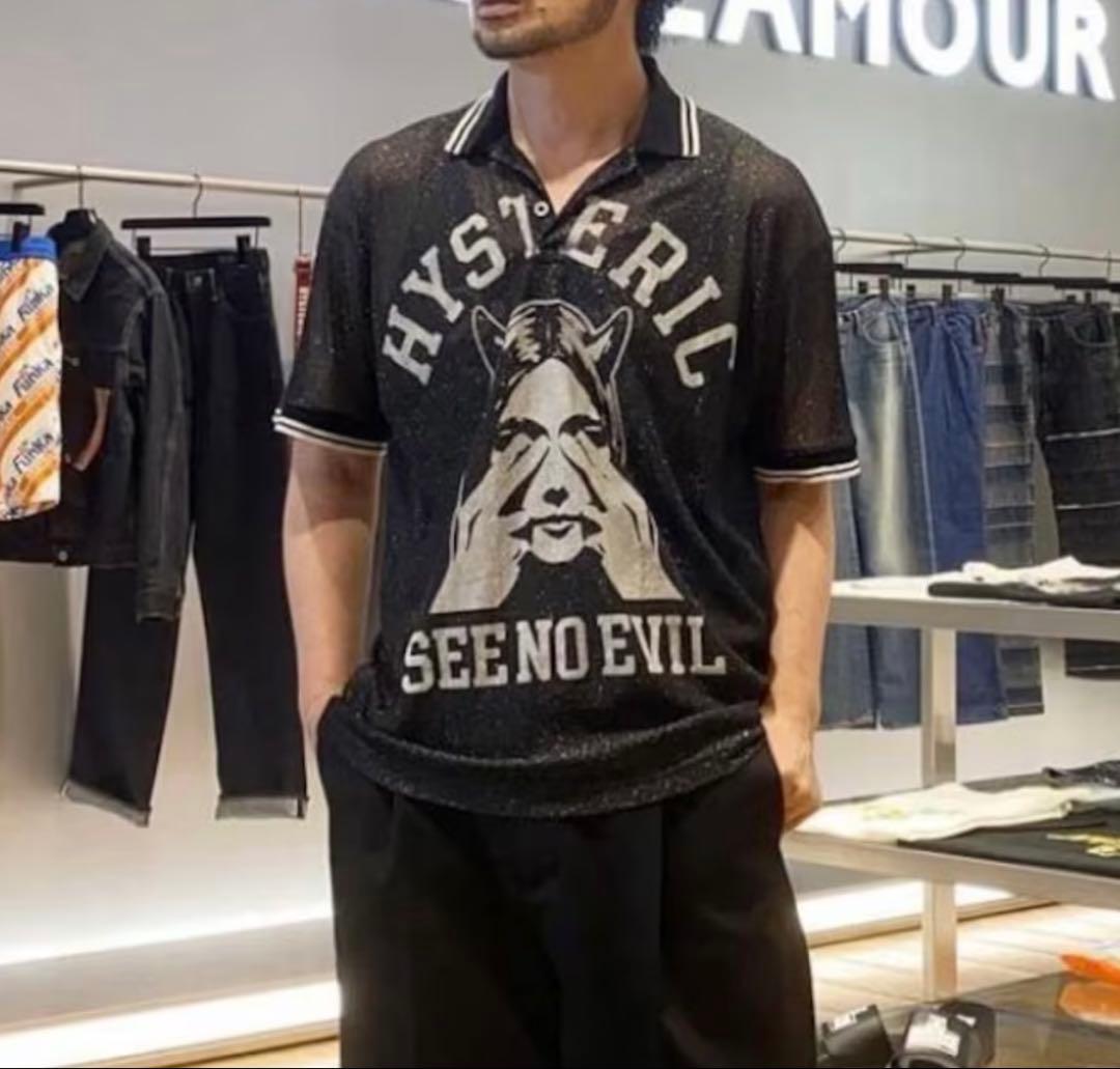 HYSTERIC SEE NO EVIL 目隠しガール　ポロシャツ ブラック