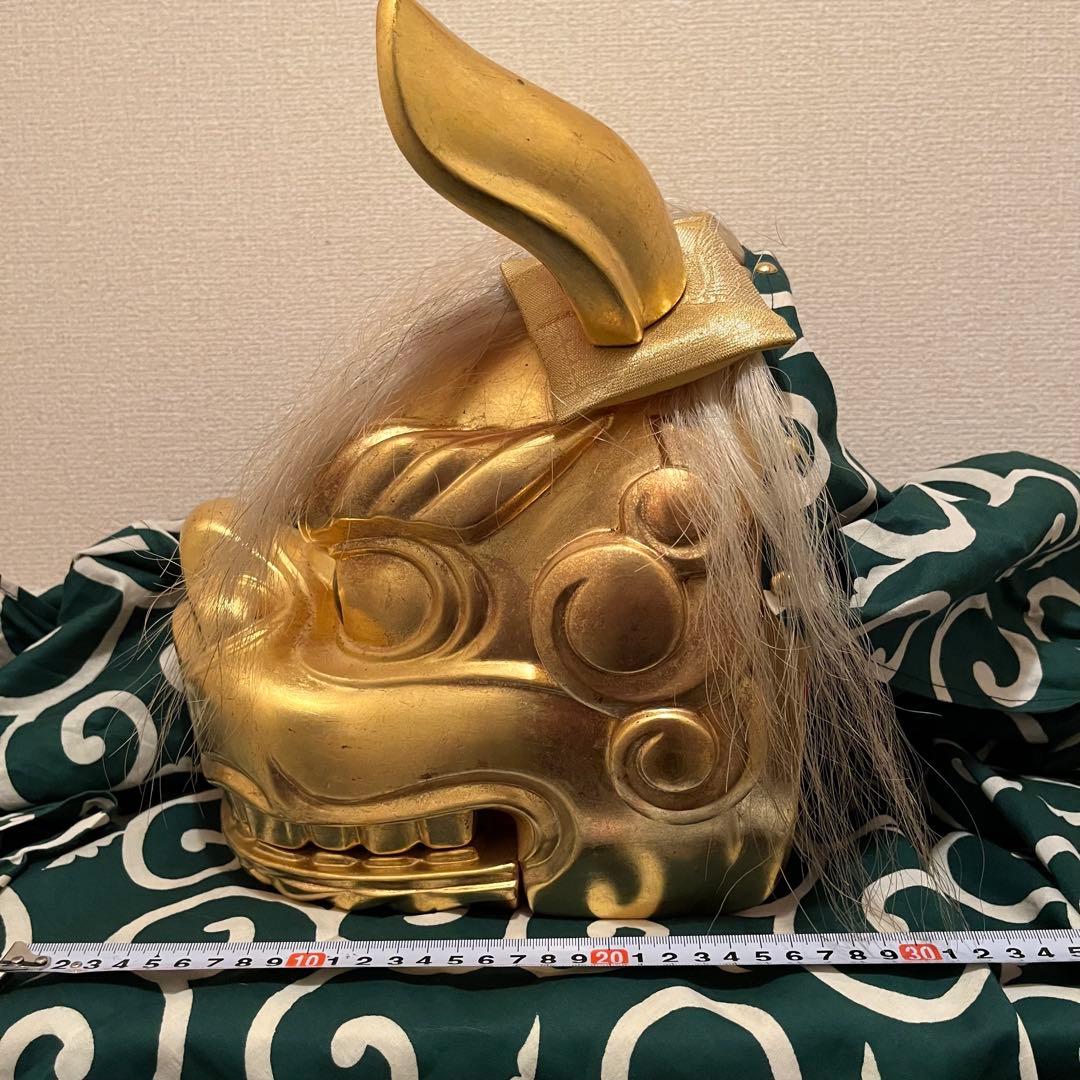【希少】　獅子舞　獅子頭　金箔　木彫　魔除け　金彩　古美術　木製 木彫 お祭り