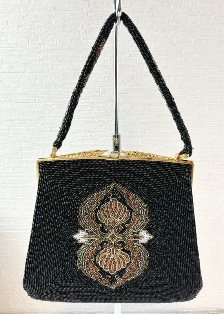 【美品】【柏ビーズ】 ビーズバッグ　ハンドバッグ パーティバッグ　黒