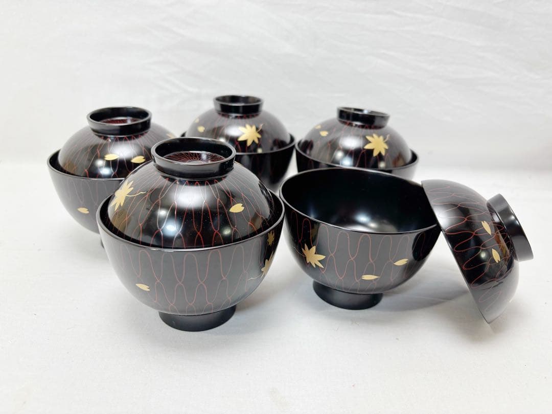 未使用 茶道具 平安堂造 網雲錦 小吸物椀 5客組 木製漆器 宮内庁御用達 共箱