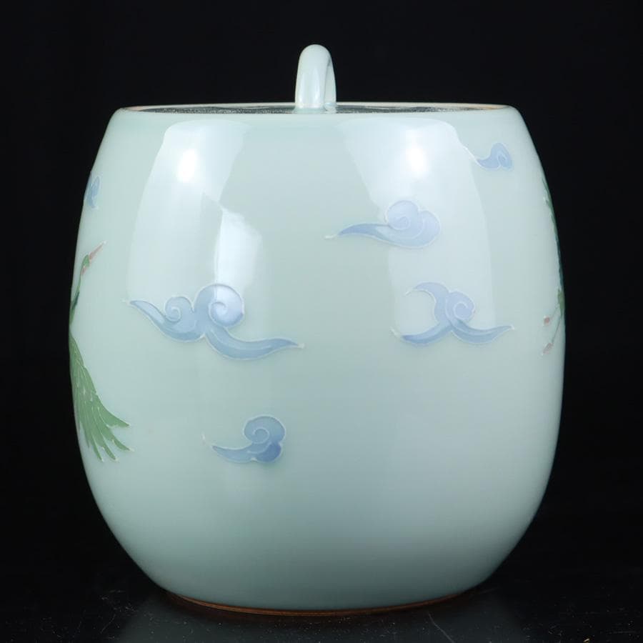 Y3122-29 茶道具 砥部焼 陶詩窯 山下勇 造 鶴文水指 共