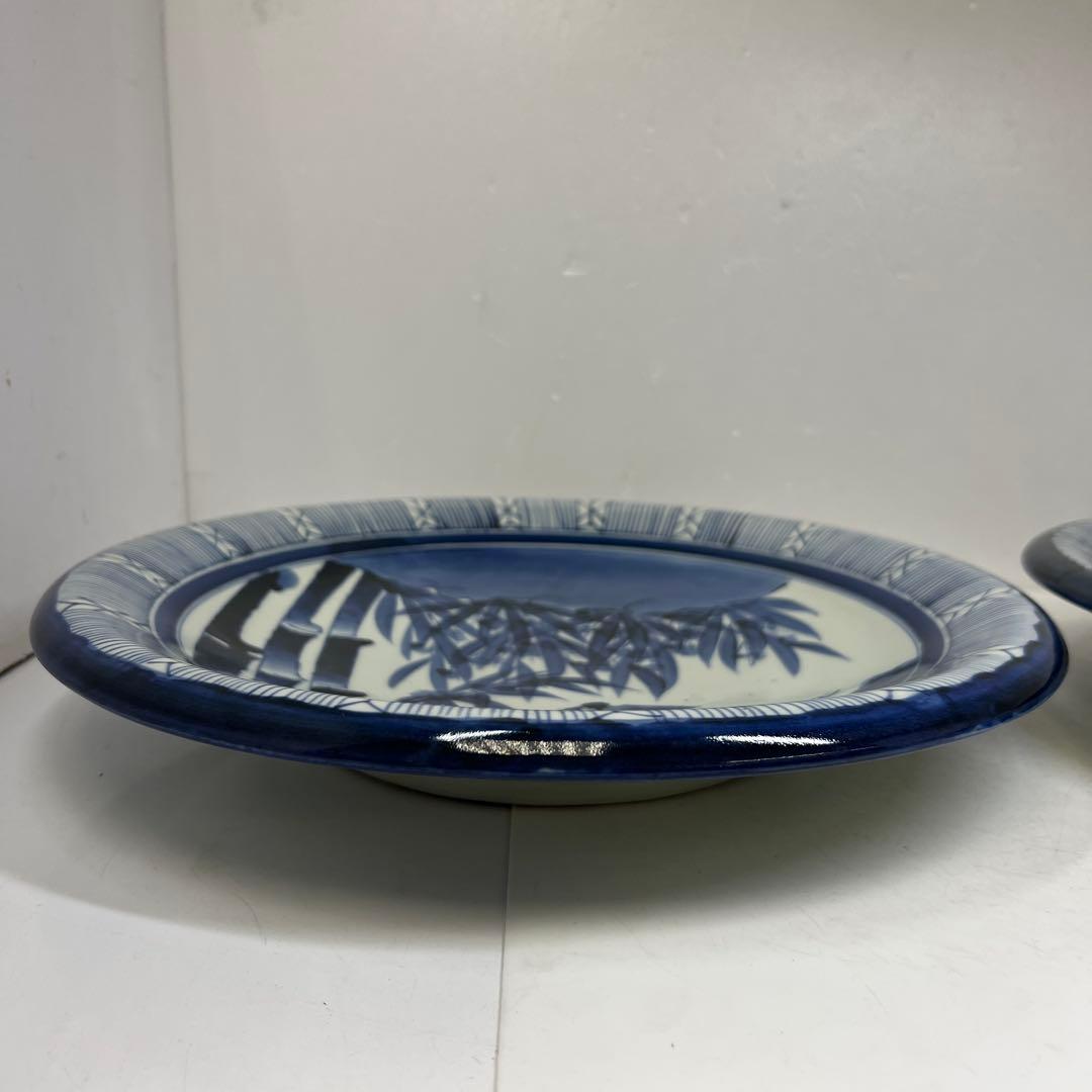 古伊万里 上手染付大皿2枚 木箱付 直径約37㎝ 東Y7-0626②タニチ