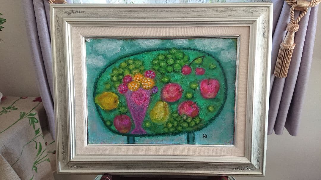 サムホールの花の油絵、モチーフはシクラメン、白額付き、前衛美術家の