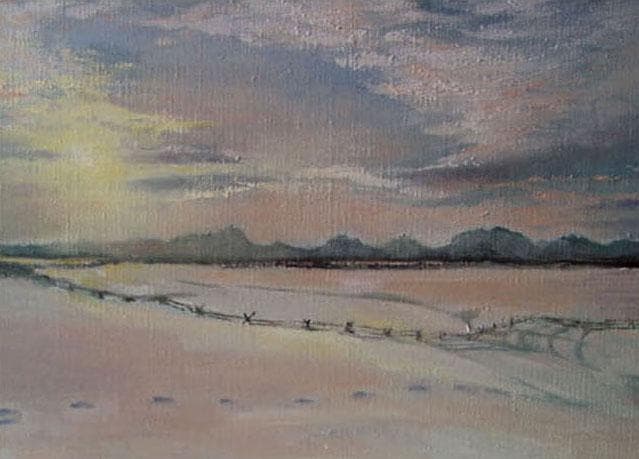 油絵 菅家令子 絵 絵画 インテリア 額付(黒) F6-030707 雪 朝夕陽