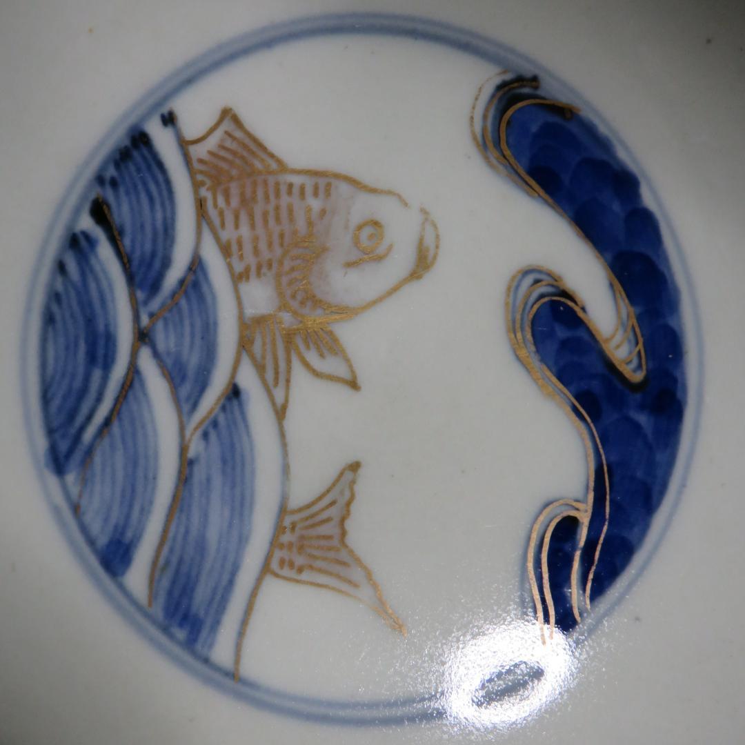 小鉢 小丼 3ケ 冨貴長春 色絵付 鯉 波 希少図柄 窯傷 江戸