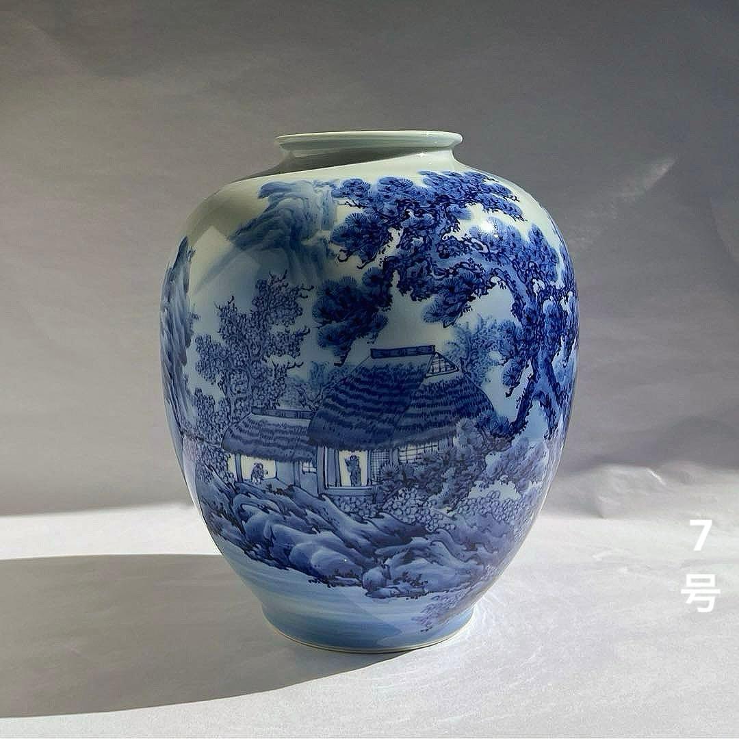 オールド深川 染付山水 花瓶 7号 中古品