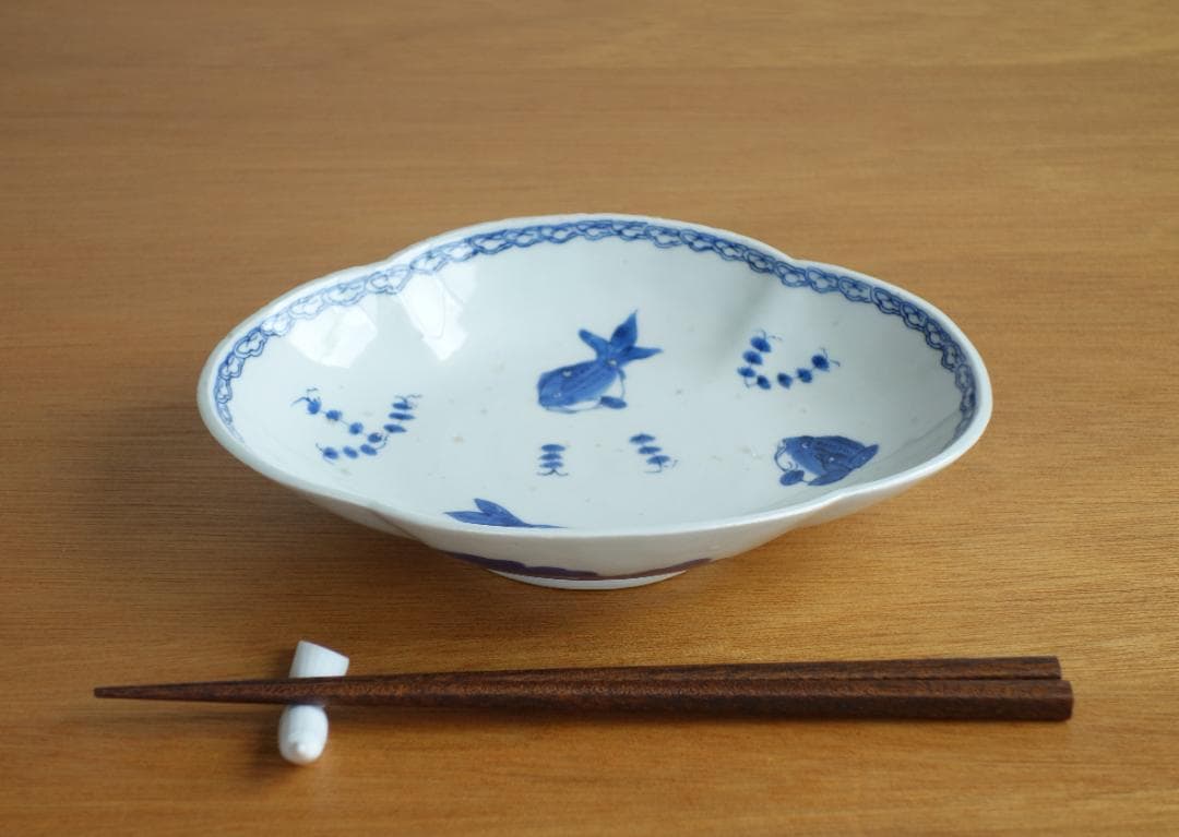 江戸中期 古伊万里 染付木瓜皿5客 金魚柄