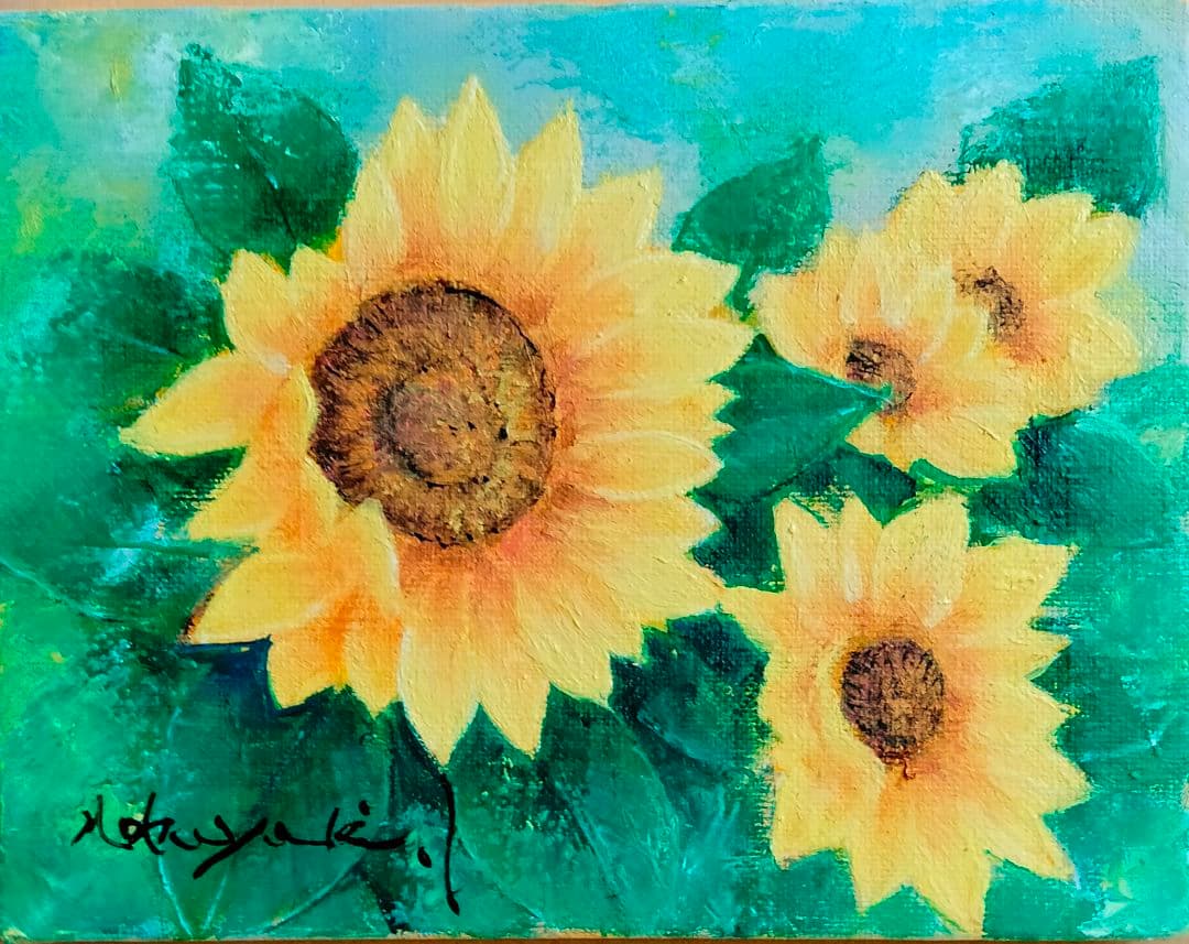 ひまわりの油彩画（フレーム付き） キャンバス布 画材