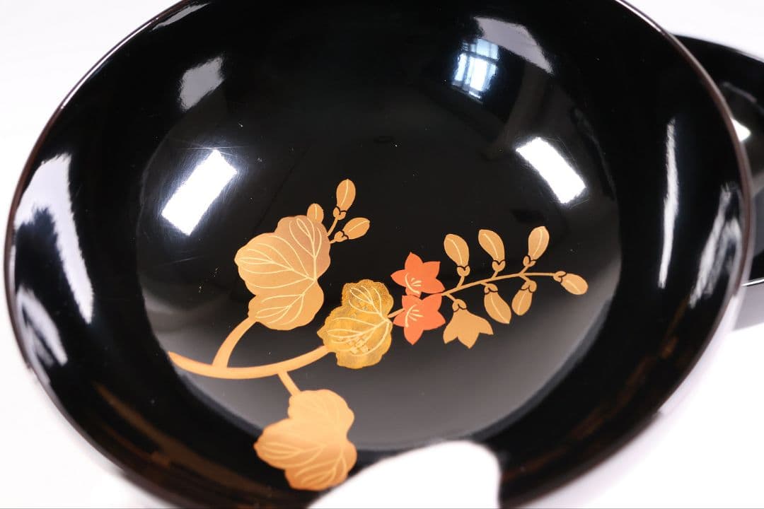 【CM401】天然木漆塗 菊桐鳳凰金蒔絵 黒塗 吸物椀 三客 昭和期 木製漆器