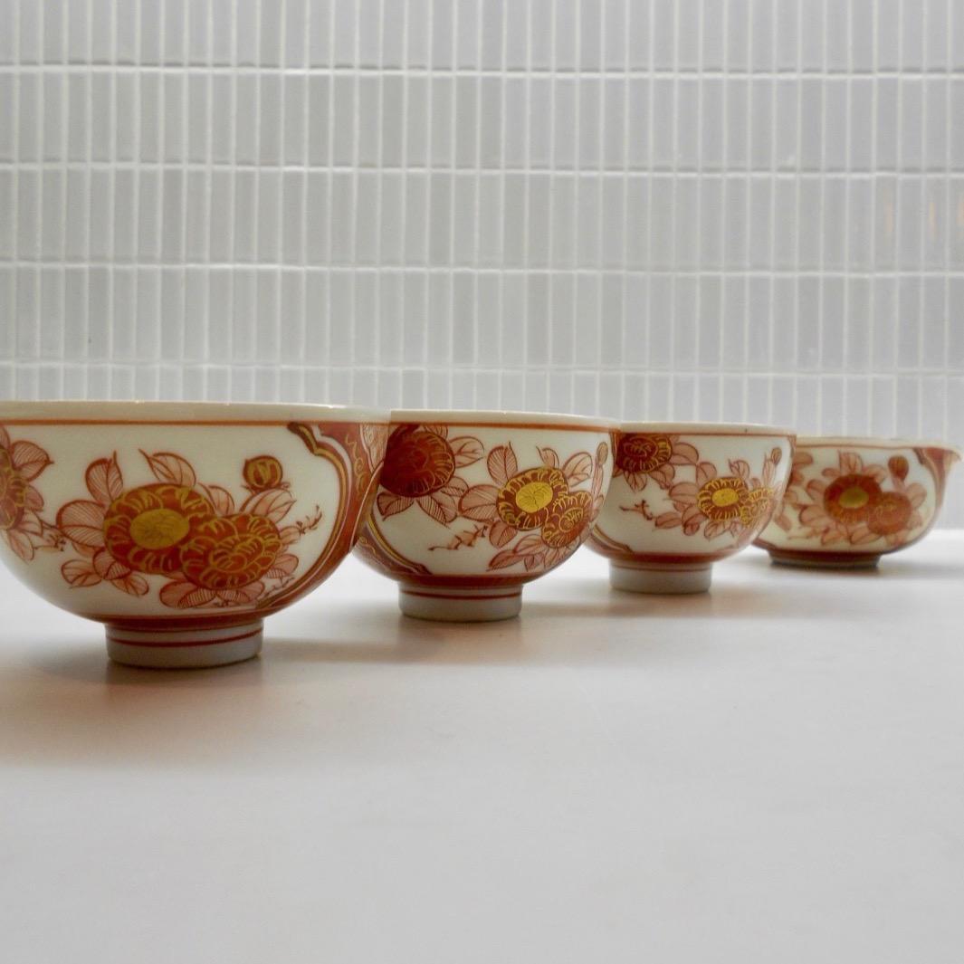 古九谷 細密赤絵 の寿の極意！煎茶碗三客と湯冷まし 九谷銘 煎茶道の
